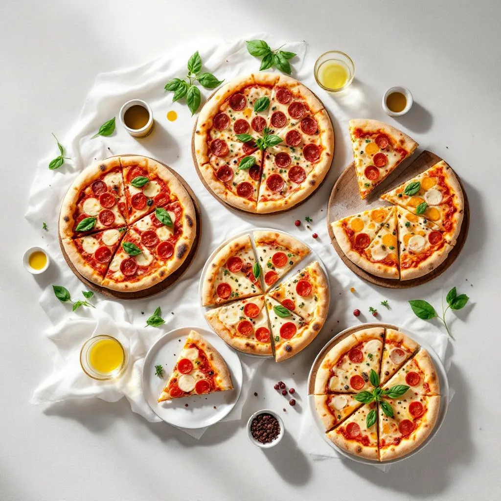 Eleganckie ustawienie różnych rodzajów pizzy na stole cateringowym z dekoracjami