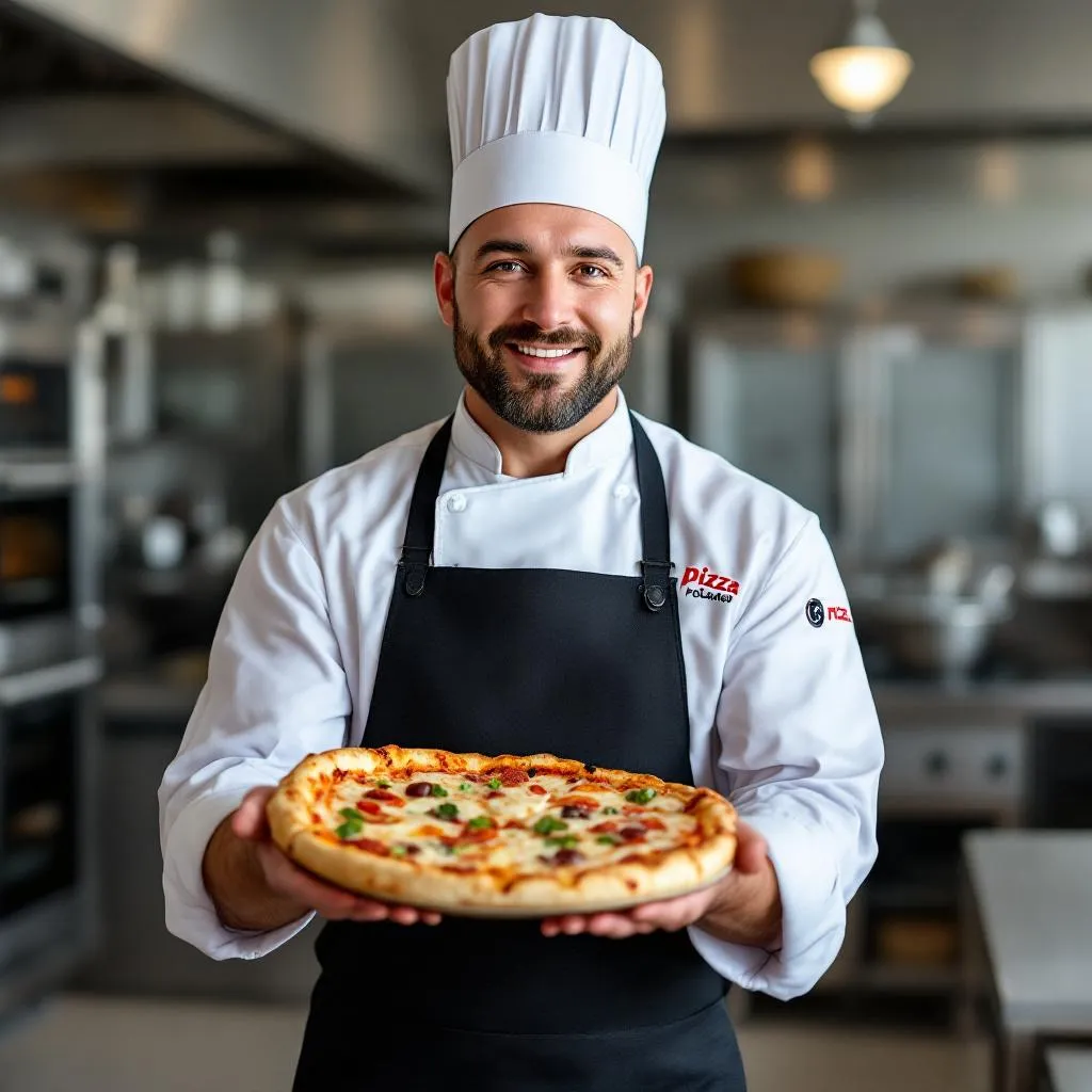 Marcin Kowalski, główny szef kuchni Pizzaa Online w tradycyjnym stroju kucharskim trzymający świeżo upieczoną pizzę