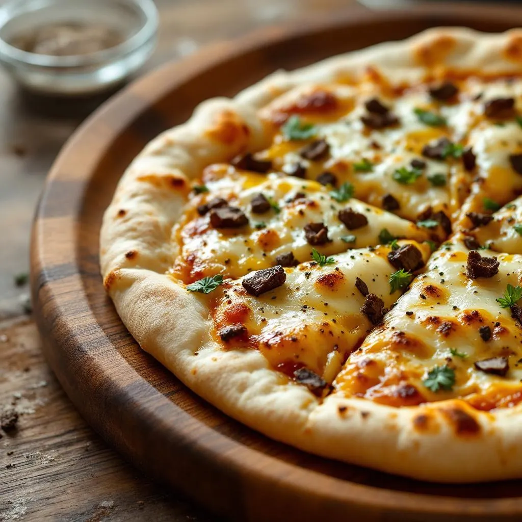 Pizza miesiąca z prawdziwkami, serem wędzonym i oliwą truflową na drewnianym talerzu
