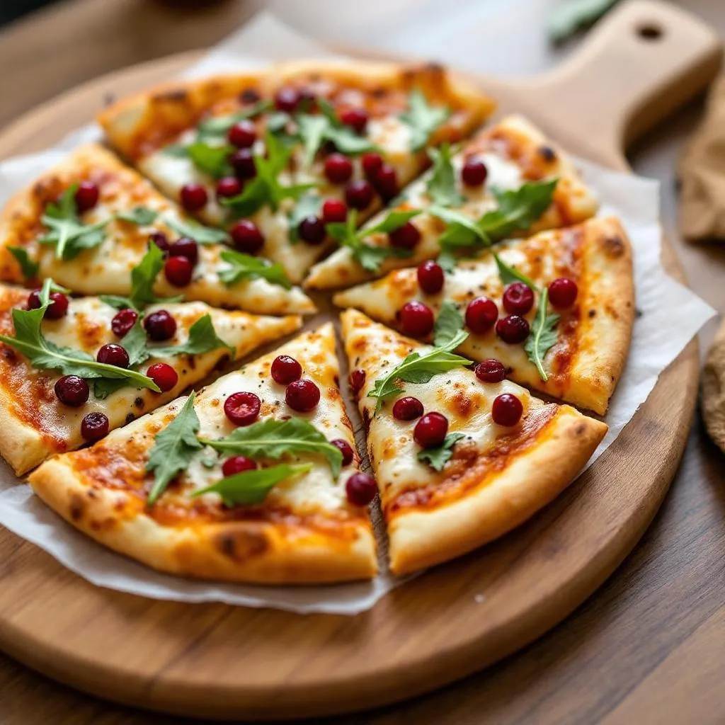 Polska pizza z oscypkiem, żurawiną i rukolą serwowana na drewnianej desce