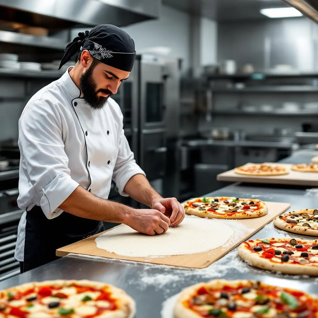 Proces przygotowania cateringu: pizzaiolo przygotowujący wiele pizz jednocześnie w profesjonalnej kuchni