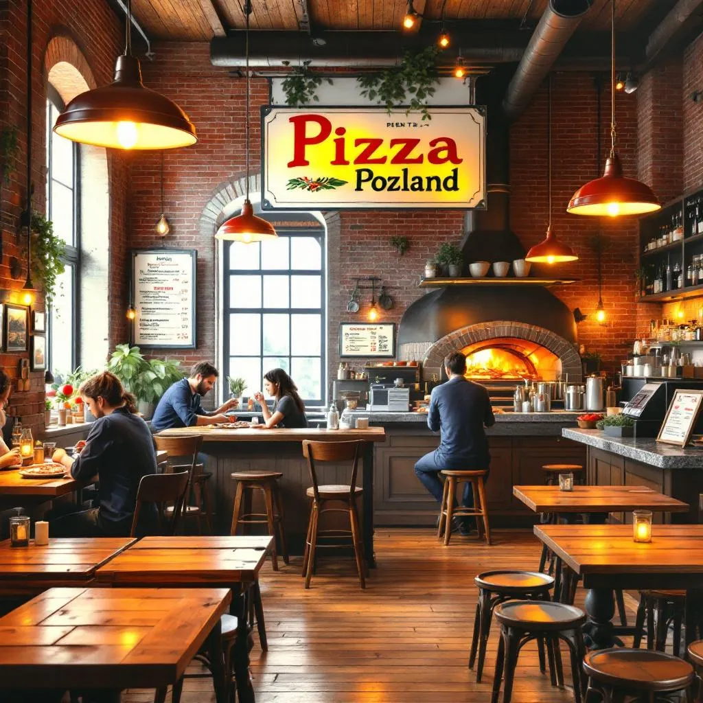 Przytulne wnętrze restauracji Pizzaa Online z tradycyjnym piecem do pizzy i drewnianymi stołami