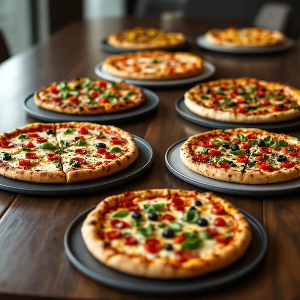 Różnorodne pizze przygotowane na imprezę firmową, ułożone na eleganckich tacach
