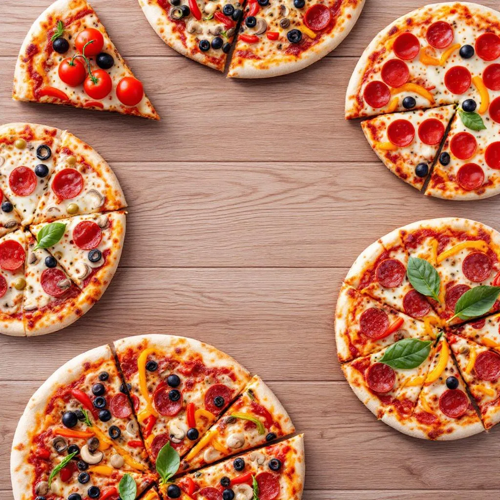 Różnorodne pizze z menu Pizzaa Online ułożone na drewnianym stole z dodatkami