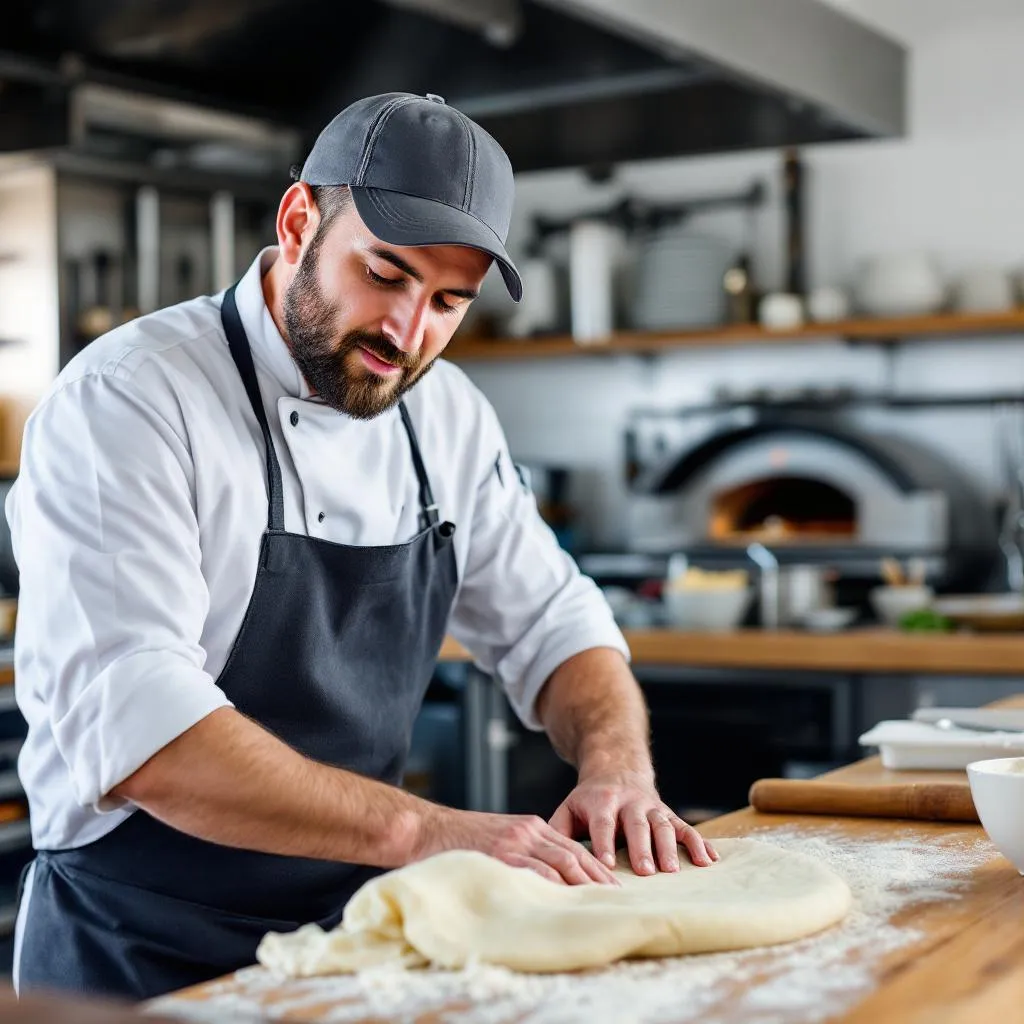 Szef kuchni Marcin Kowalski przygotowujący ciasto na pizzę w tradycyjny sposób, formując je ręcznie