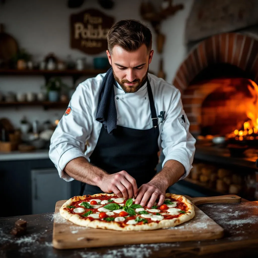 Szef kuchni przygotowujący tradycyjną pizzę w piecu opalanym drewnem