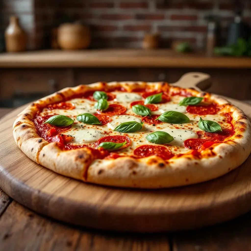 Tradycyjna pizza margherita z bazylią i mozzarellą na drewnianej łopacie