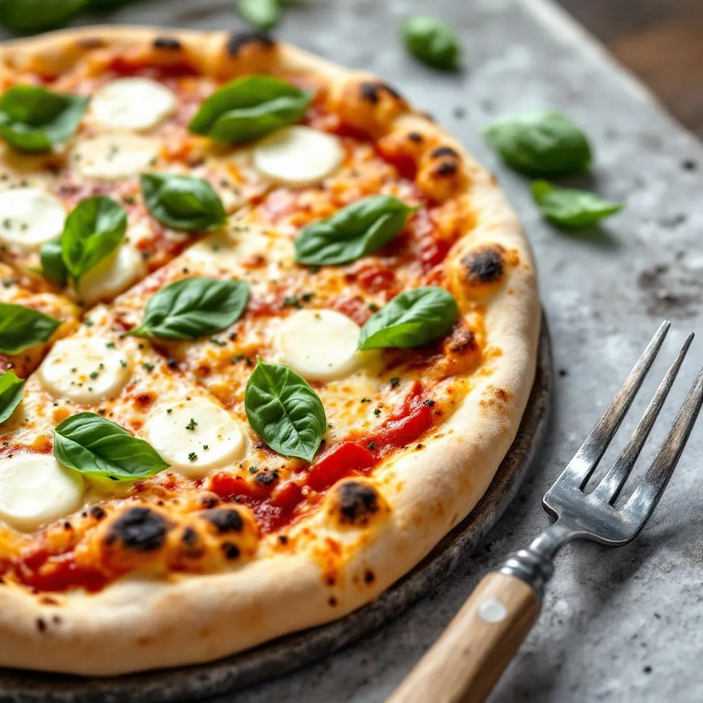 Tradycyjna pizza neapolitańska z bazylią i mozzarellą na kamiennym blacie