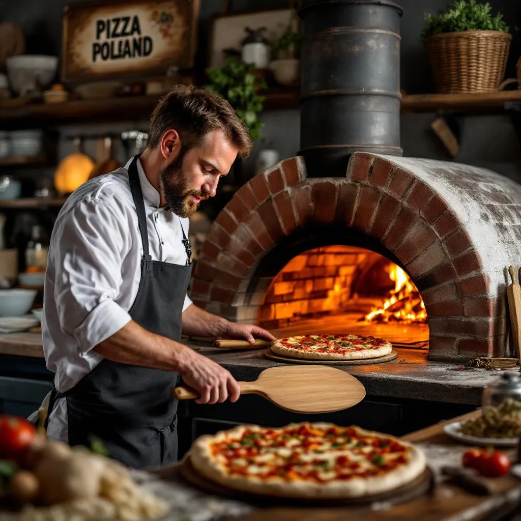 Założyciel Marek Kowalski przygotowujący pierwszą pizzę w oryginalnym piecu
