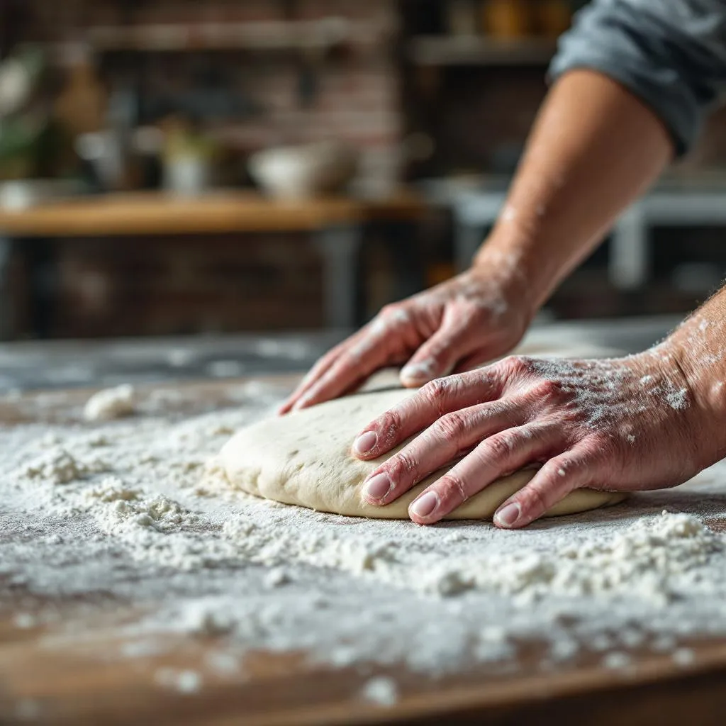 Zbliżenie na ręce wyrabiające ciasto na pizzę z mąką i wałkiem