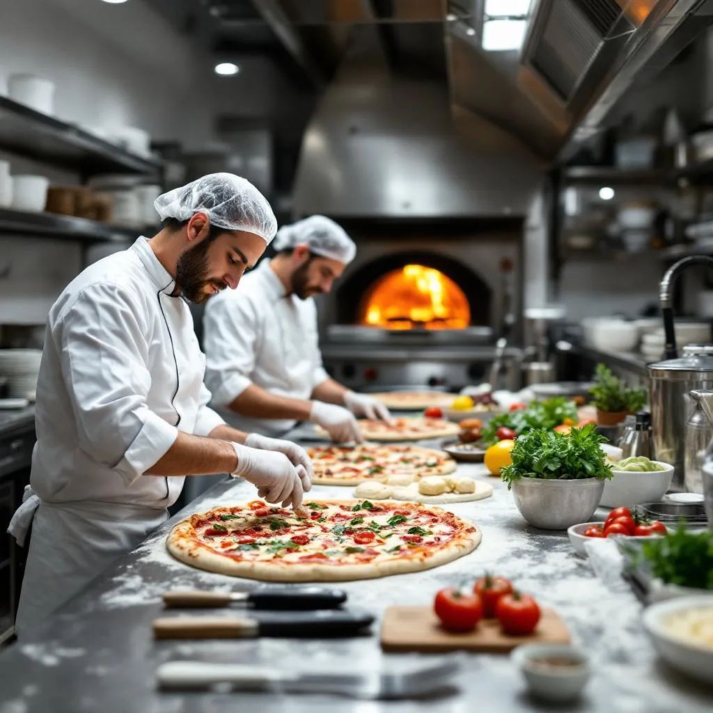 Zespół Pizzaa Online przygotowujący pizzę w profesjonalnej kuchni